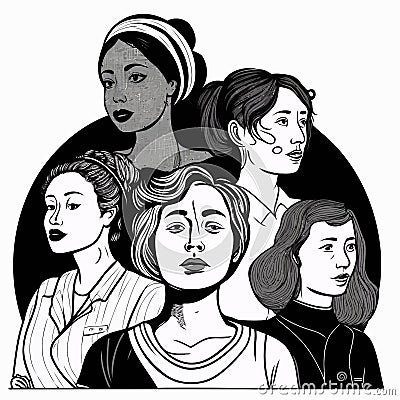 group of adult women illustrating international women's day with fictional characters Vector Illustration