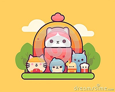 an illustration of a group of cats and dogs sitting on top of a house Cartoon Illustration