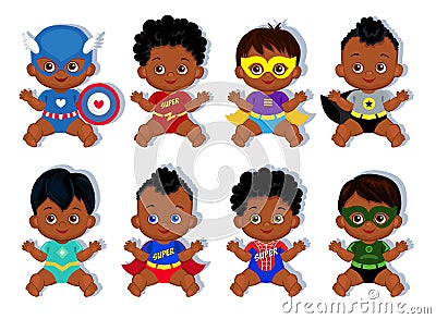 Illustration group of cute babies boys in costumes of superheroes. Vector Illustration