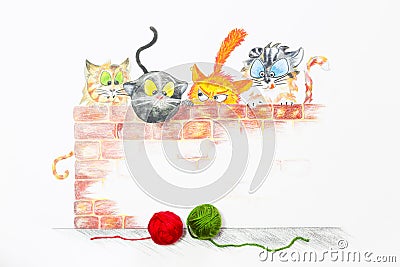 Illustration with group of cute cats and colorful wool balls Cartoon Illustration