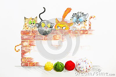 Illustration with group of cute cats and colorful wool balls Cartoon Illustration