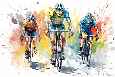 Illustration of a group of cyclists on a colorful watercolor background, Cyclists team riding on bicycles, color drawing. Bike Stock Photo