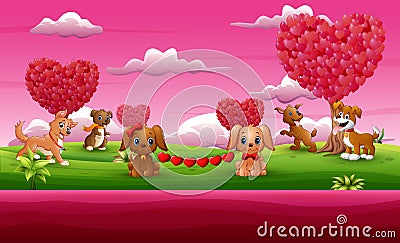 A group of the dog celebration a valentine day in the pink garden Vector Illustration