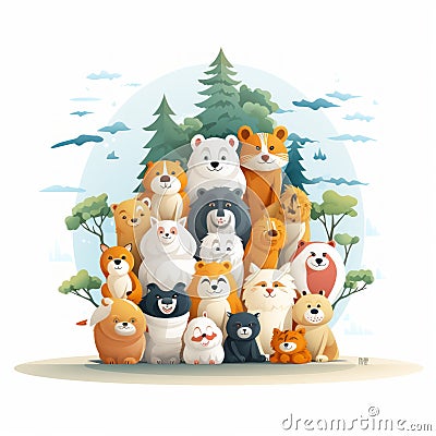 an illustration of a group of dogs with trees in the background Cartoon Illustration