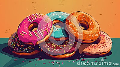 Illustration of a group of donuts on a colorful background Stock Photo