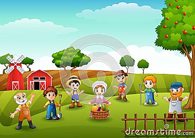 Group farmers and gardener at the farm Vector Illustration