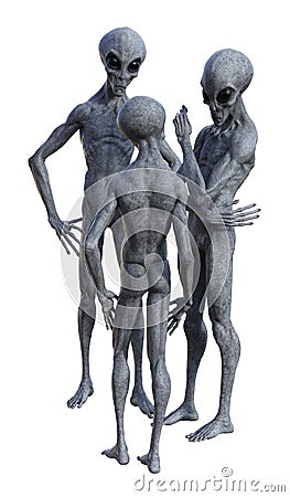 Illustration of a group of gray aliens standing around talking to each other in various poses isolated on a white background Cartoon Illustration