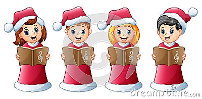 Group of kids in red santa costume singing christmas carols Vector Illustration