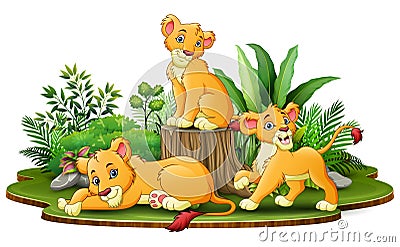 Group of lion cartoon in the park with green plants Vector Illustration