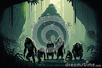 Illustration of a group of monkey in a jungle at night. Cult, religion concept. Generative AI Stock Photo
