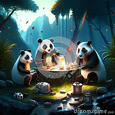 Illustration of a group of panda bear playing cards in the forest AI Generated Stock Photo