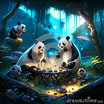 Illustration of a group of panda in the forest at night generative AI Stock Photo