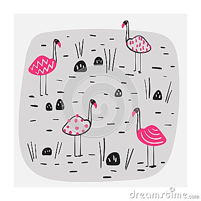 Illustration of group of pink flamingos in the lake. Card, postcard, print, poster, background with funny doodle birds Stock Photo