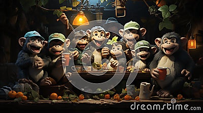 A group of playful monkeys eating Stock Photo