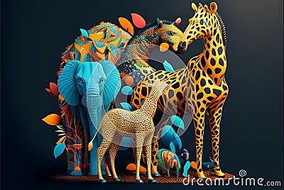 Illustration of a group of wild animals on a dark background. Stock Photo