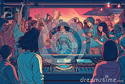 Illustration of a group of young people standing in front of a DJ booth, watching a famous DJ spin records and mix tracks, Stock Photo