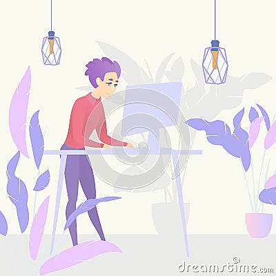 Illustration Guy Standing Table Working Computer Vector Illustration