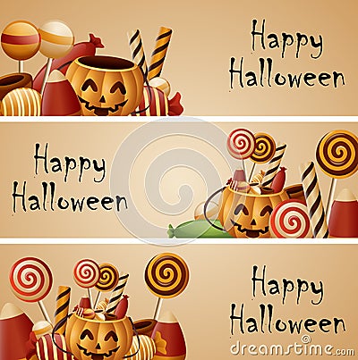 Halloween banner pumpkins basket and collected candy Vector Illustration