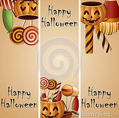 Halloween banner pumpkins basket and collected candy Vector Illustration