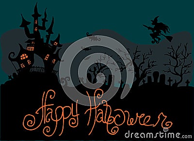 Illustration of Halloween. The cemetery near the castle. Happy Holidays. Vector Illustration