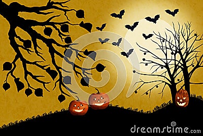 Illustration of Halloween landscape with pumpkins in the dead grass. The moon shines bright and the bats fly hunting for insects Stock Photo