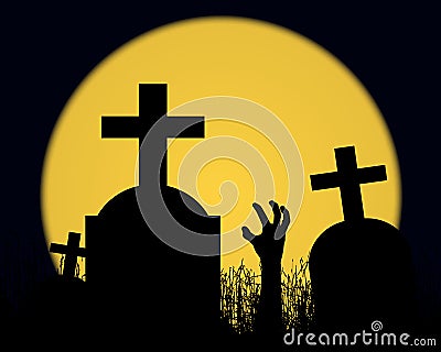 Illustration of a Halloween landscape with a zombie hand, graves Vector Illustration