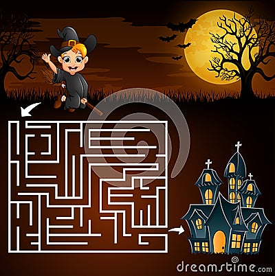 Halloween maze games find the boy witch to the ghost house Vector Illustration