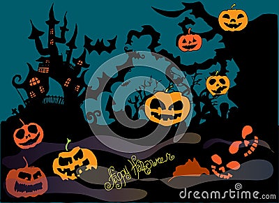 Illustration of Halloween. Picture with the castle and pumpkins. Happy Holidays. Vector Illustration
