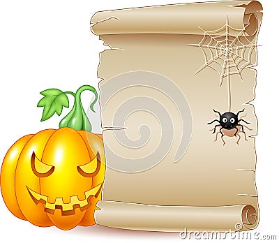 Halloween scroll banner with scary pumpkin and spider Vector Illustration