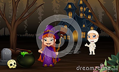 Halloween witch and mummy with scary house in the night Vector Illustration