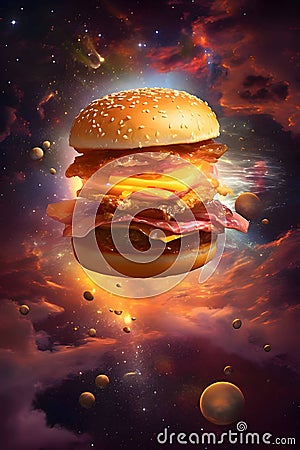 Illustration of a hamburger against a background of space and sky Stock Photo
