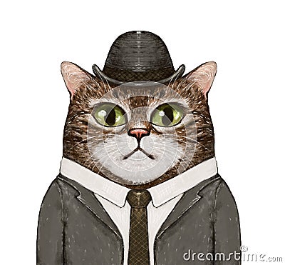 Illustration of hand drawn cat portrait. cat businessman in a jacket, shirt and tie, and with a hat on his head Stock Photo