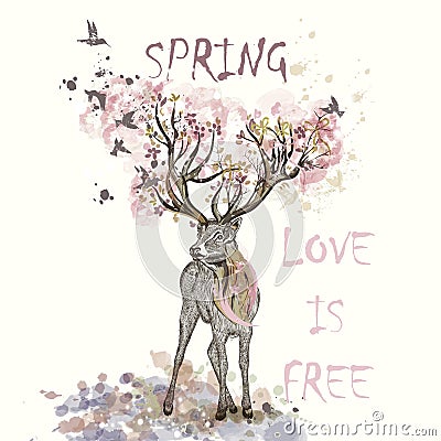 Illustration with hand drawn deer, flowers in it horns and bran Cartoon Illustration