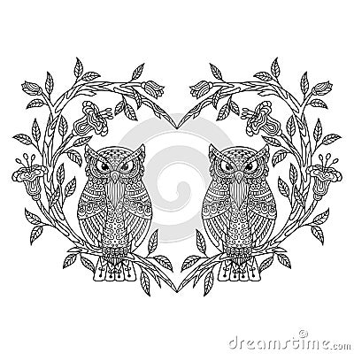 Hand drawn of love of owls in zentangle style Vector Illustration