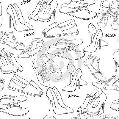 Illustration of hand drawn seamless pattern Women Footwear. Casual, classical and sport style, gumshoes for girl. Shoes Vector Illustration