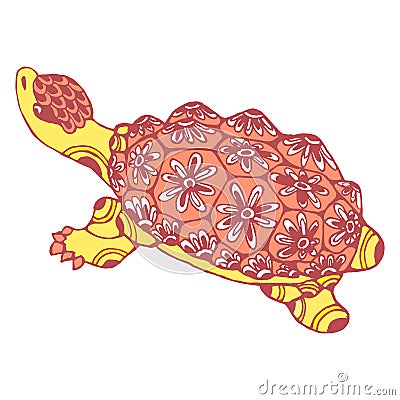 Illustration, hand-drawn stylized turtle with ornament. Yellow-pink pastel colors Vector Illustration