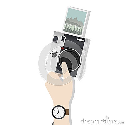 Illustration of hand holding digital camera with photograph clicked Stock Photo