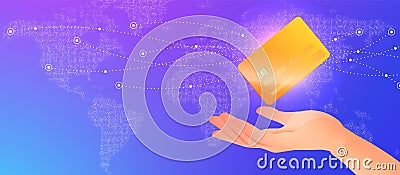 Illustration of hand holds elevated credit card against digital world map background. Electronic banking concept vector banner. Vector Illustration