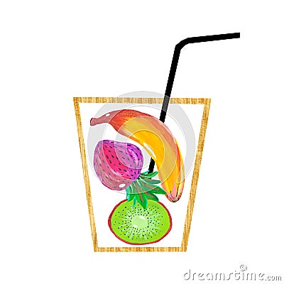 Illustration of hand painted acrylic gouache Glass of fruit cocktail strawberry banana kiwi Stock Photo