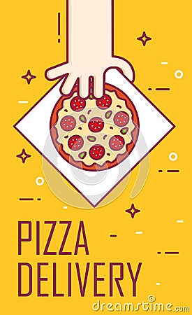 Illustration with hand and slice of pizza. Vector Illustration