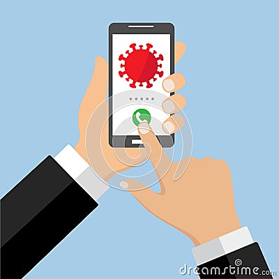 Illustration of hand with smartphone with virus on screen. Online awareness Vector Illustration