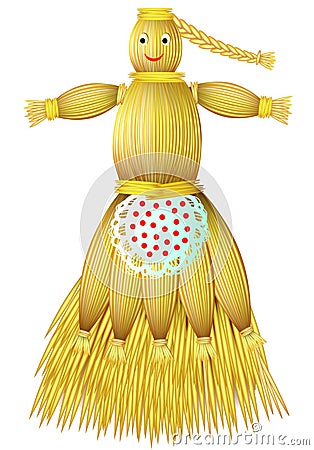 Illustration of handmade doll fabricated from straw on white background. Vector Illustration