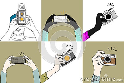 Illustration of hands clicking pictures from different gadgets isolated Stock Photo