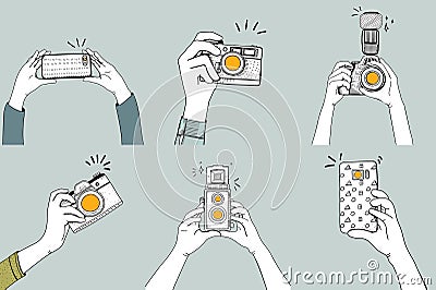 Illustration of hands clicking pictures with digital devices Stock Photo