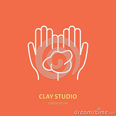 Illustration of hands holding clay. Pottery workshop, ceramics classes line icon. Clay studio sign. Hand building Vector Illustration