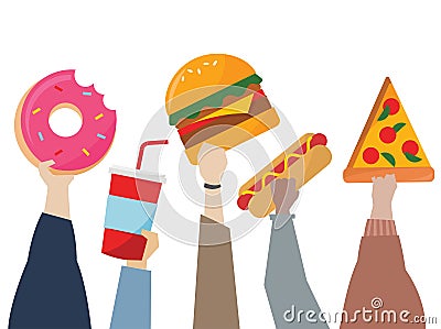 Illustration of hands holding junk food Vector Illustration