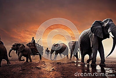 Illustration of Hannibal crossing the alps with elephants to the north of Italy, history of the invasion of the carthaginian army Stock Photo