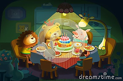 Illustration: Happy Birthday! It is little Bear's Birthday, All his Little Animals Friends Come and Wish him a Happy Birthday! Stock Photo