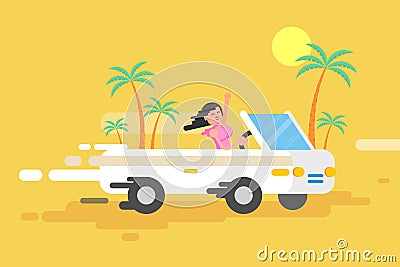 Illustration happy brunette girl drives a white convertible Vector Illustration