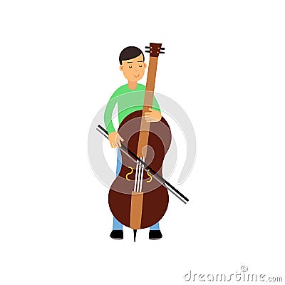 Illustration of happy brunette male character contrabass player. Artist young man musician playing double bass. Cartoon Vector Illustration